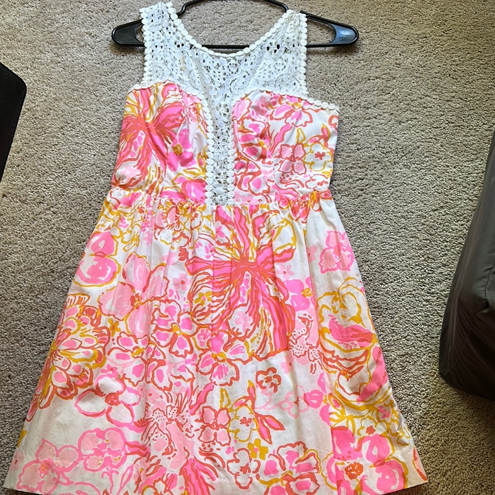 Floral Pink and Orange Dress with Lace Top